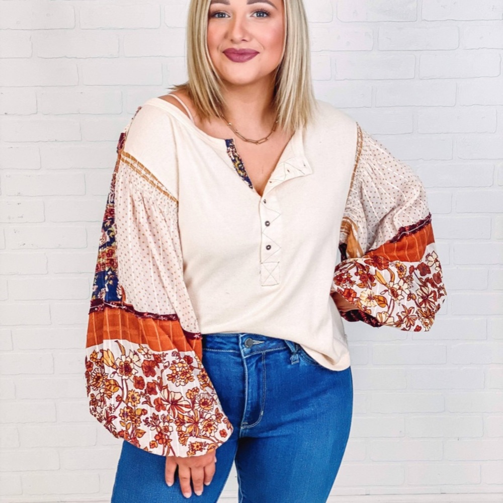 Free People Light Magic Henley Vanilla Cream Large Balloon Printed Sleev…